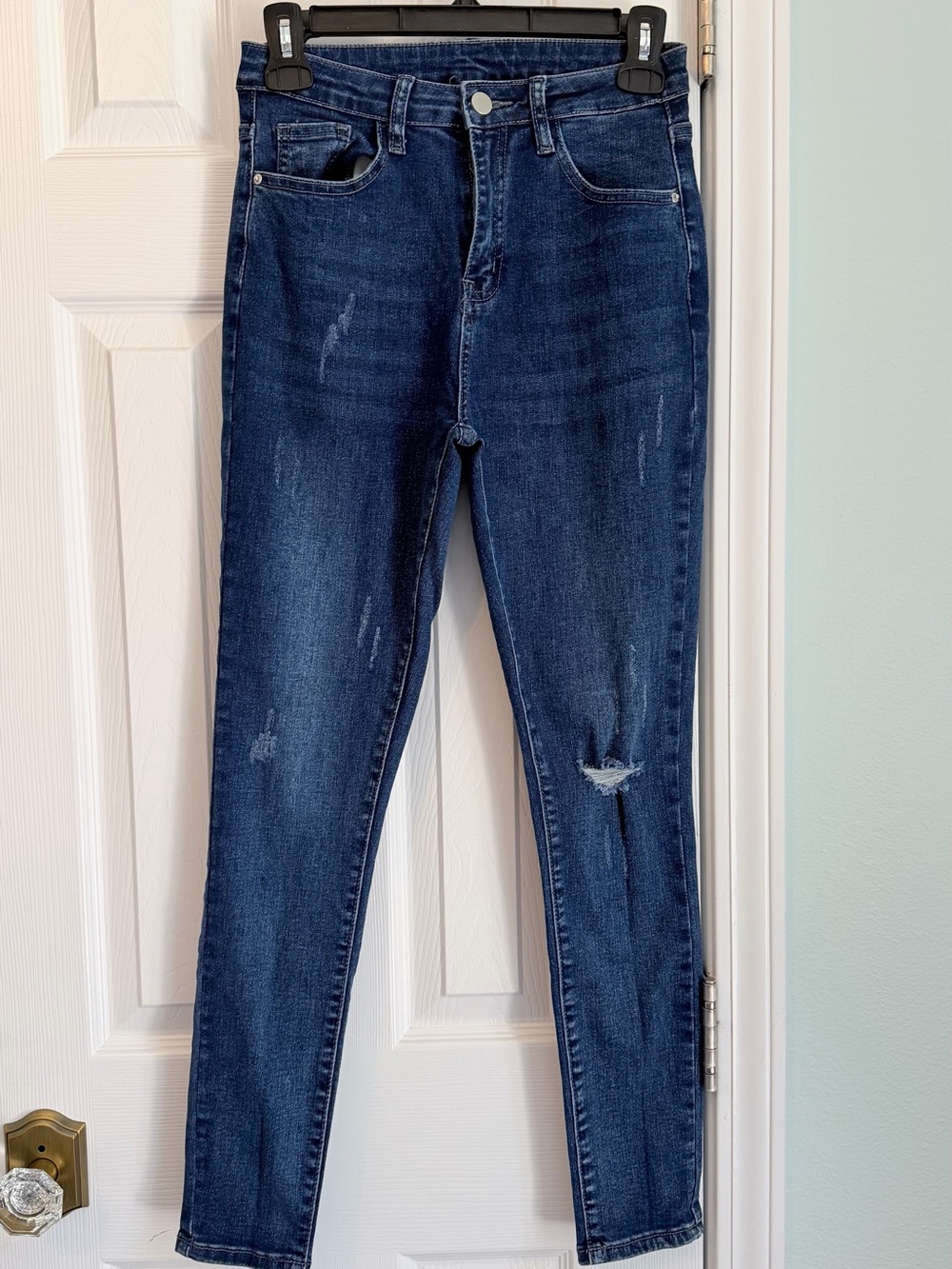 SHEIN Dark Indigo High-Rise Distressed Skinny Jeans